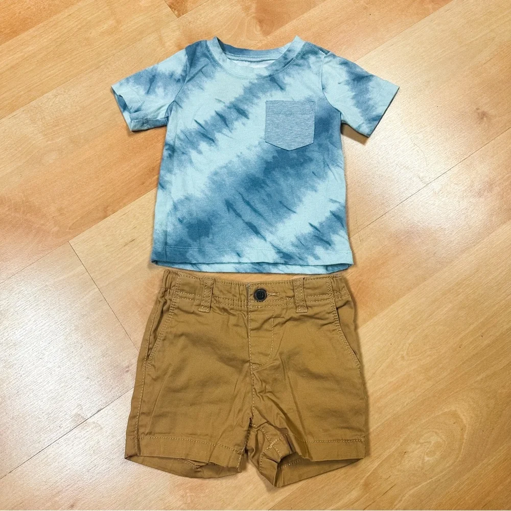 Oshkosh 2-Piece Blue & Brown Short Sleeve Pocket Tee & Shorts Outfit Size 12M